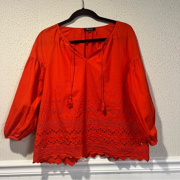Madewell Bright Red Eyelet Lattice Cotton top size small - Picture 2 of 16